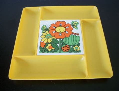 Vintage 70s Square Plastic Serving Tray/ Ceramic Tile Center and Serving Compartments Japan ...