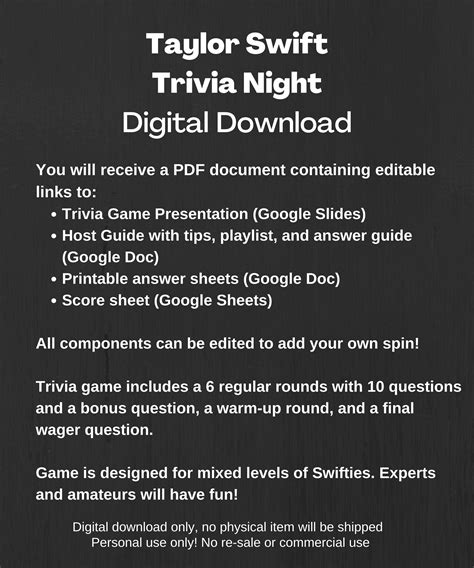 Taylor Swift Trivia Game digital Download, Trivia Night Party ...