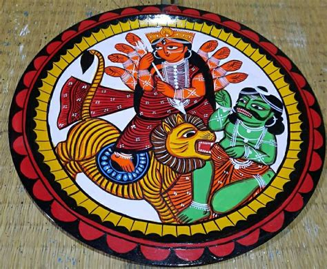 Durga Ma - Kalighat painting on a plate (14" x 14") - International Indian Folk Art Gallery