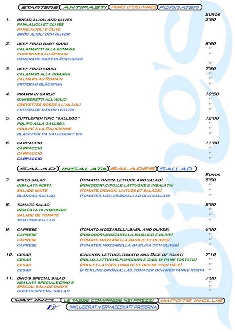 Dino's Menu 2013 English and Other Languages