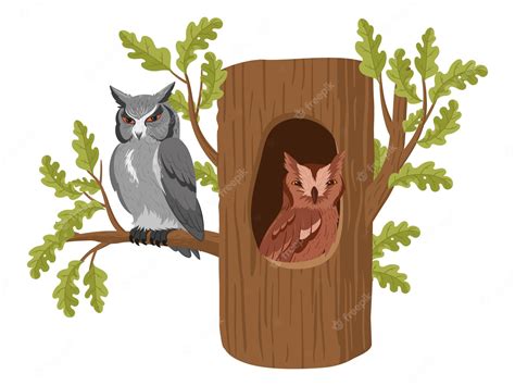 Premium Vector | Owls in tree hollow Cartoon wild forest owl birds ...