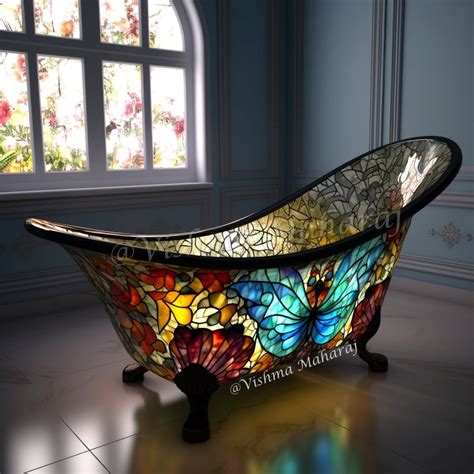 a bath tub with stained glass flowers on the side and windows in the ...
