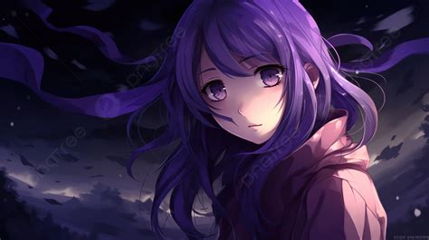Beautiful Anime Girl With Purple Hair In Front Of The Dark Background ...