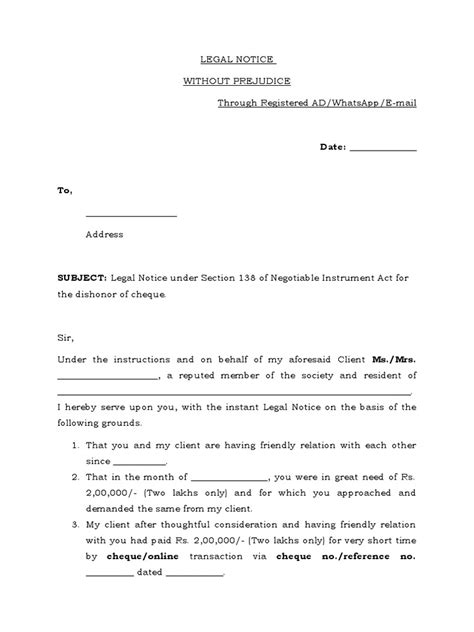 Legal Notice U/s 138 of NI Act For Dishonoured Cheque | PDF