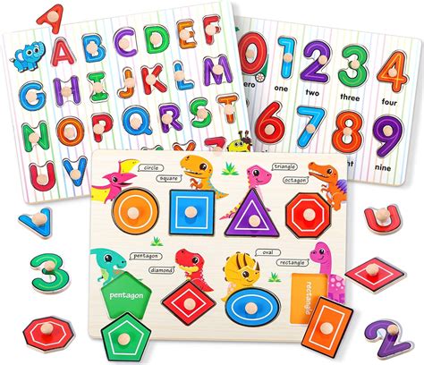 Buy Atoylink 3 Pack Wooden Peg Puzzles for Toddlers Alphabet ABC Number Shape Wooden Puzzles ...