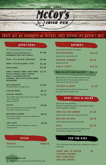 McCoy's Irish Pub Lunch & Dinner Menu