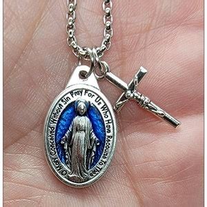 Miraculous Medal Necklace, Silver Cross Necklace Miraculous Medal With Cross Catholic Jewelry ...