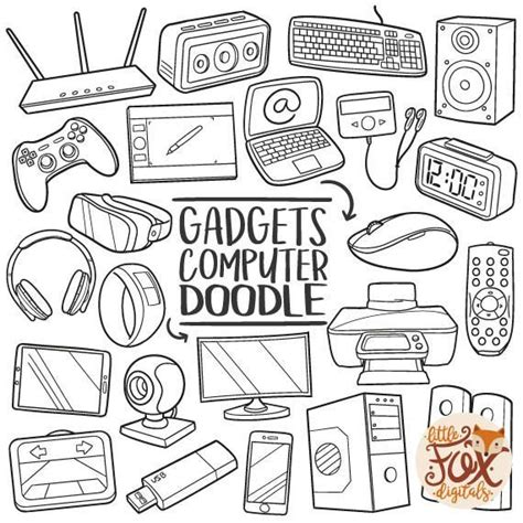 Gadgets Computer Technology Tools Traditional Doodle Icons Clipart Scrapbook Set Hand Drawn Line ...