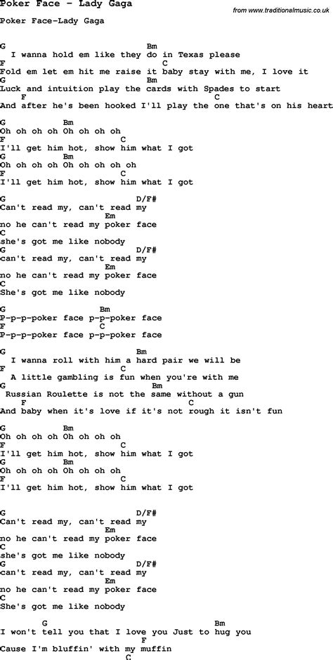 Song Poker Face by Lady Gaga, song lyric for vocal performance plus ...