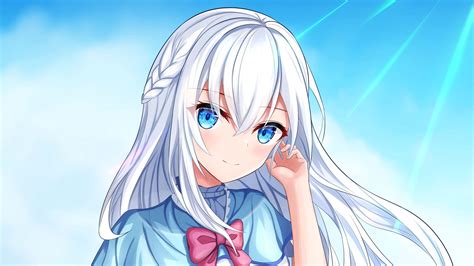 White Hair Blue Eyes Anime Girl Sky Background HD Anime Girl Wallpapers ...