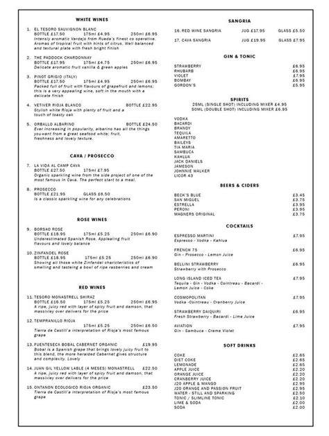 Menu at La Cueva restaurant, Cheadle