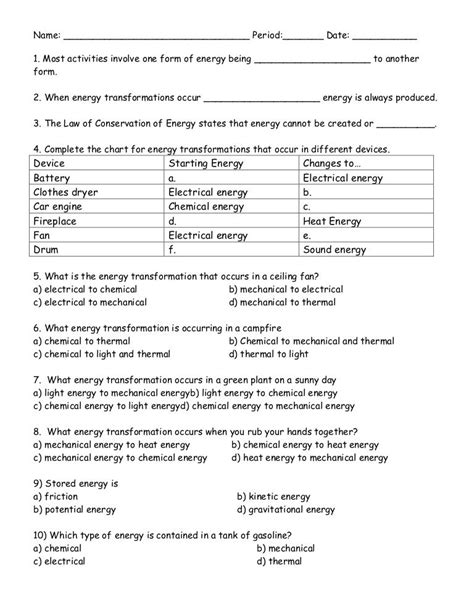 Energy Transformation Work Sheet