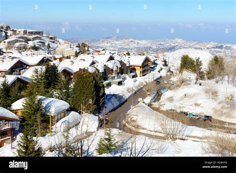 Mzaar Kfardebian ski resort in Lebanon during winter, covered with snow ...