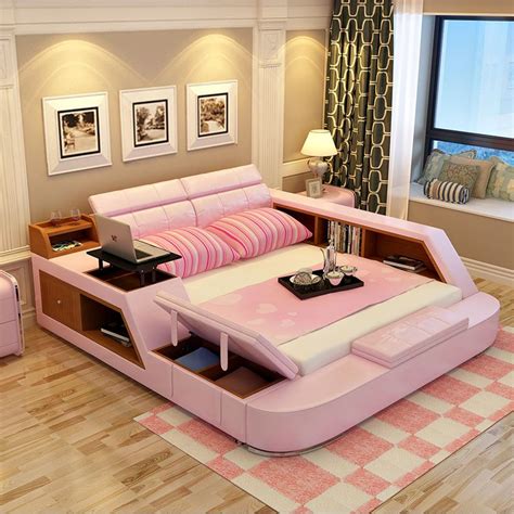 modern leather queen size storage bed frame with storage bookcase cabinets stool no mattress ...