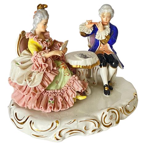 German Dresden Lace Porcelain Figurine Group, Couple Playing Chess Blue ...