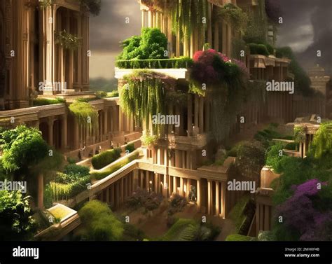 Depiction of The Hanging Gardens of Babylon, one of the Seven Wonders ...