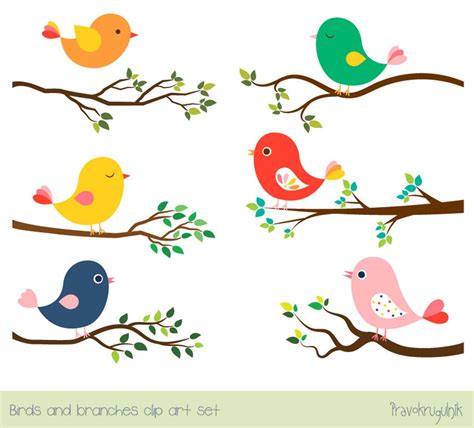 Cute Bird Clipart Set, Tree Branch Clip Art, Colorful Spring Bird Clip ...