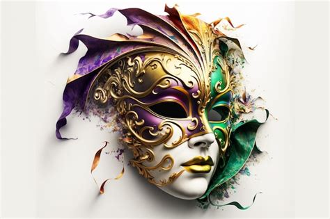 Premium Photo | A mardi gras mask with gold and purple feathers.