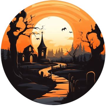Orange Sticker For Halloween With Night Cemetery And Ghost, Graveyard, Halloween Night ...