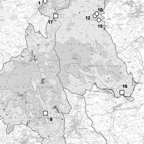 Part of an overview map of the Harz National Park. Plot sites: circles ...