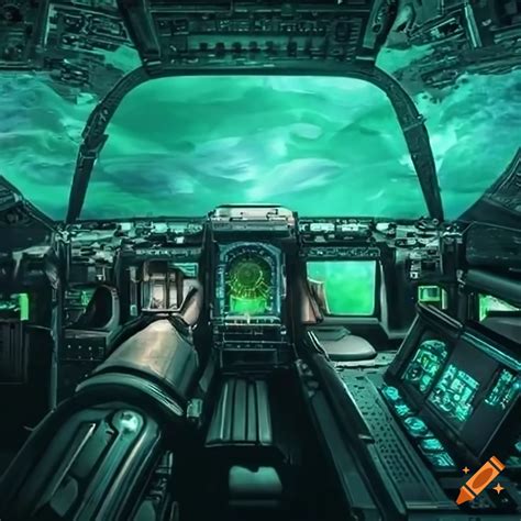 Spaceship cockpit with glowing green screens on Craiyon