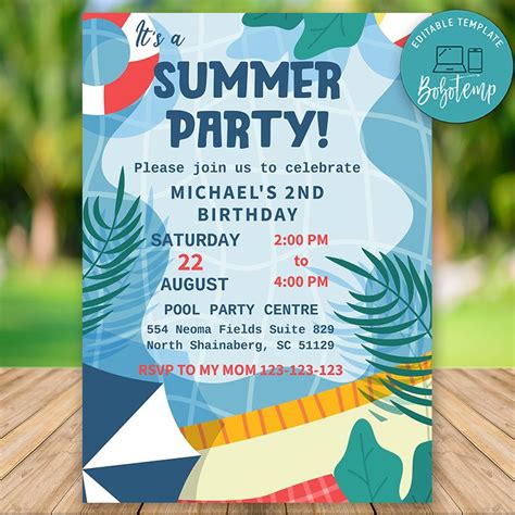 Editable Summer Party Birthday Invitations Instant Download | Bobotemp