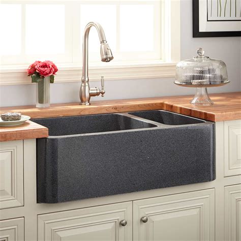 33" Polished Granite 70/30 Offset Double-Bowl Farmhouse Sink - Blue Gray - Stone Farmhouse Sinks ...