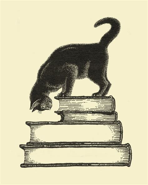 Vintage Black Cat Print Cat on Stack of Books Wall Art 3 Sizes Antique Manilla Cat Poster Read ...