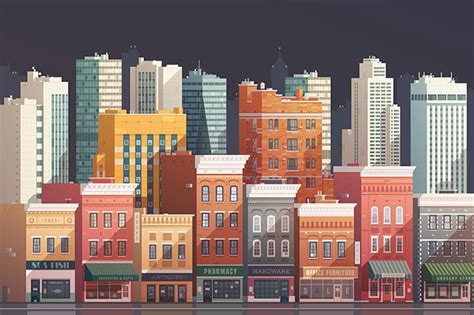 Grouped downtown buildings vector illustrations