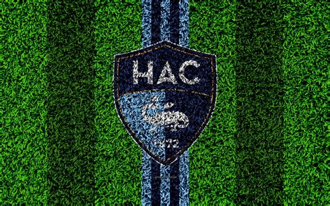 Le Havre FC logo, football lawn, french soccer club, blue lines, grass ...