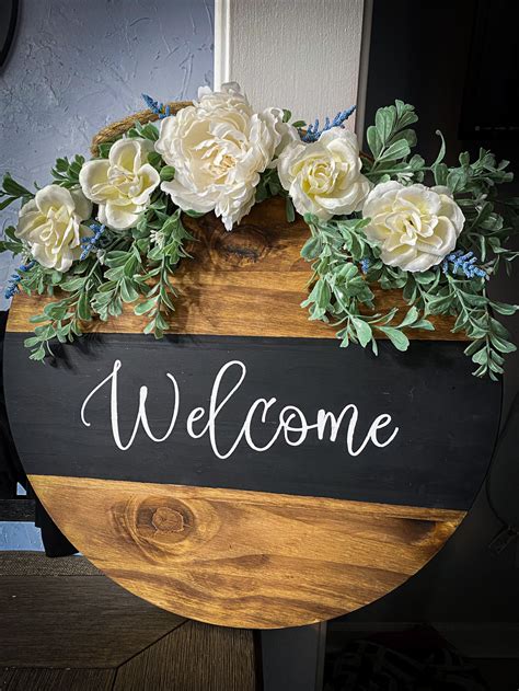 Wooden Welcome Sign with Flowers | Etsy