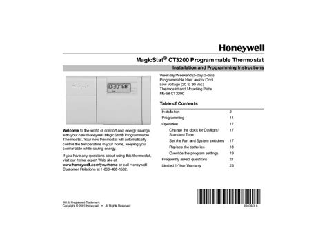 Honeywell MagicStat CT3200 Programmable Thermostat Installation Instructions