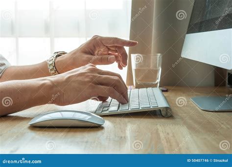 Man Using Desktop Pc Computer, Mobile Office Concept Stock Photo - Image of conversation ...