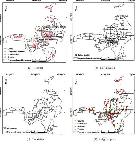 Thematic maps of Prayagraj city showing (a) Hospital map, (b) Police ...