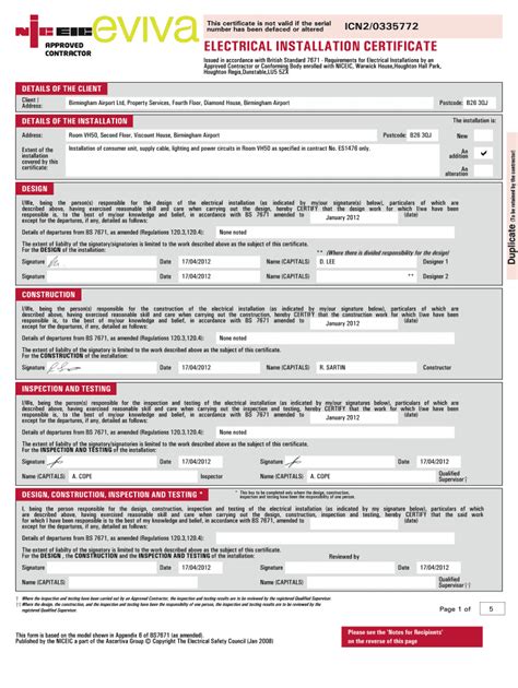 Electrical Installation Test Certificate Template – Sample.gelorailmu.com