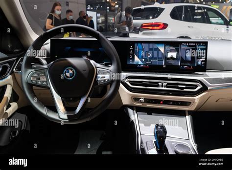 Interior view of the BMW i4 all-electric Gran Coupe car showcased at the IAA Mobility 2021 motor ...