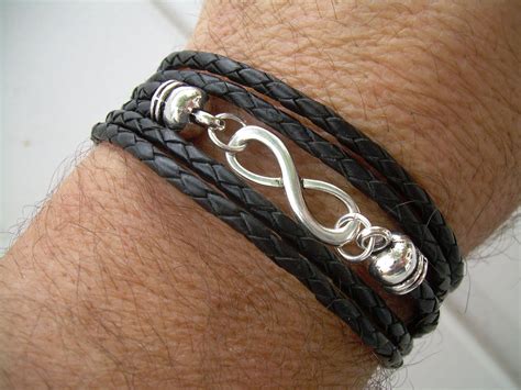 Black Braided Leather Bracelet, Infinity Bracelet, Toggle Closure, Triple Wrap Black Braid. $24. ...