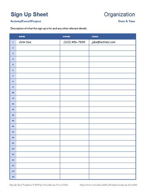 Download the Simple Sign Up Sheet from Vertex42.com | Sign up sheets, Sign in sheet template ...