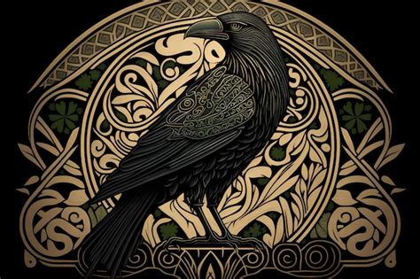 Premium Photo | Black crow with golden feathers Raven from Celtic mythology