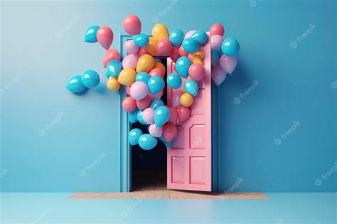 Premium Photo | Render of colorful balloons floating through blue door