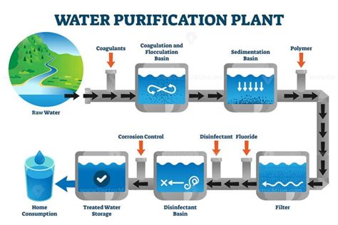 Water purification system with labeled filtration stages outline ...