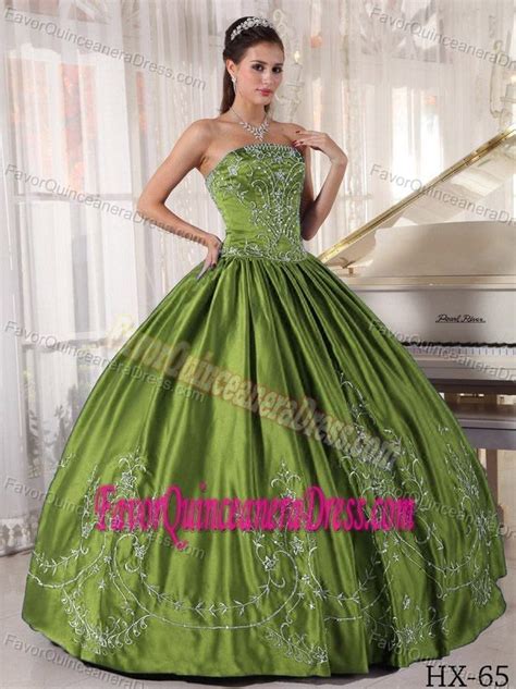 Affordable Green Satin Ball Gown Dresses for Quince with Embroidery Sweet Sixteen Dresses, Sweet ...