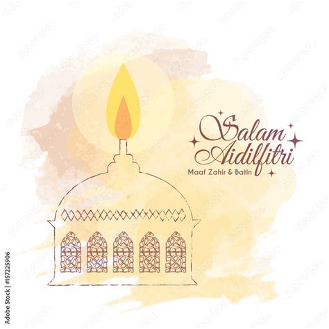 Hari Raya Aidilfitri greeting card template design. Hand drawn muslim oil lamp (pelita) on ...