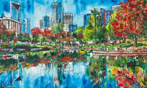 Charlotte NC Skyline Art Painting - park trees reflections- Kent Paulette