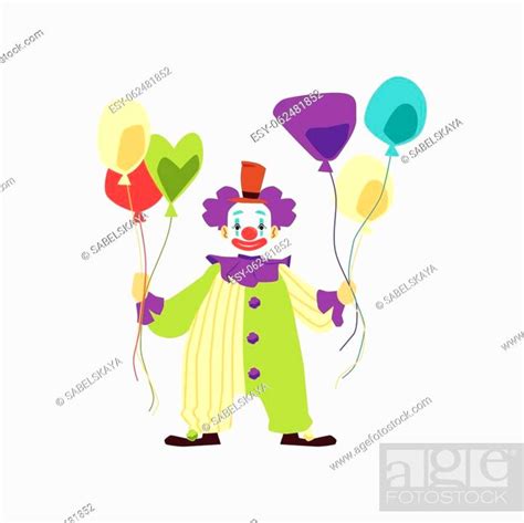 Funny happy clown in colorful costume and makeup hold colorful balloons ...