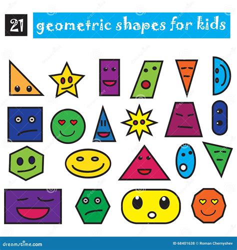 Funny Geometric Shapes Set Of 21 Icons. Cartoon Flat Design For ...