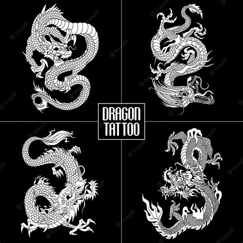 Premium Vector | A set of dragon tattoos on a black background