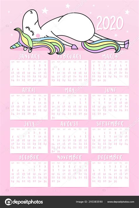 Printable Unicorn Calendar 2020 | Calendar Printables Free Templates