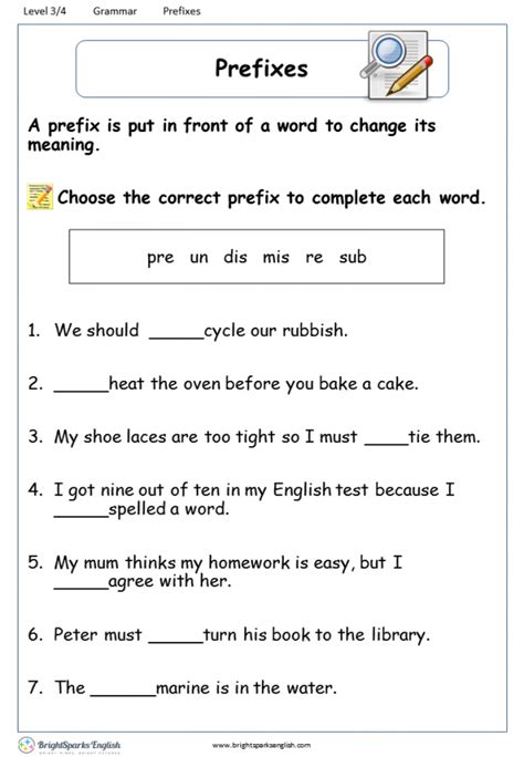 Prefixes Worksheet – English Treasure Trove