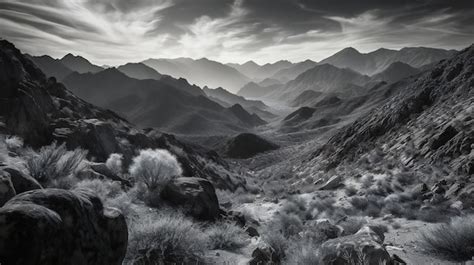 Premium AI Image | A black and white photo of mountains and a mountain range.